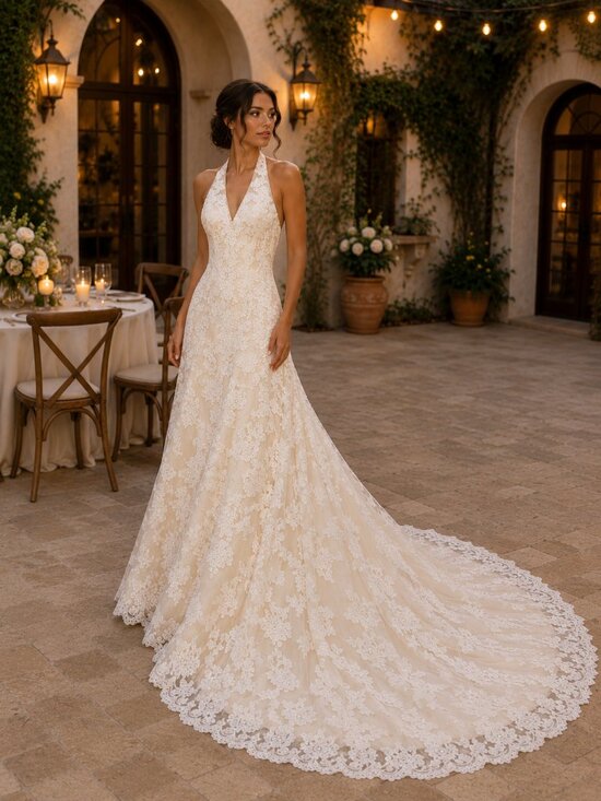 DaVinci Dresses & Skirts - DaVinci Bridal T8090 Lace Halter Wedding Dress | Ivory/Champagne | NWT | Size 4